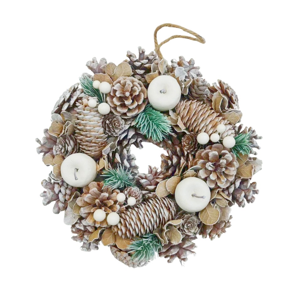 image 1 of Christmas Wreath Festive Decoration with Jute Hanger Traditional Pinecone Decor | Multi | Frosted White | 25cm | 1