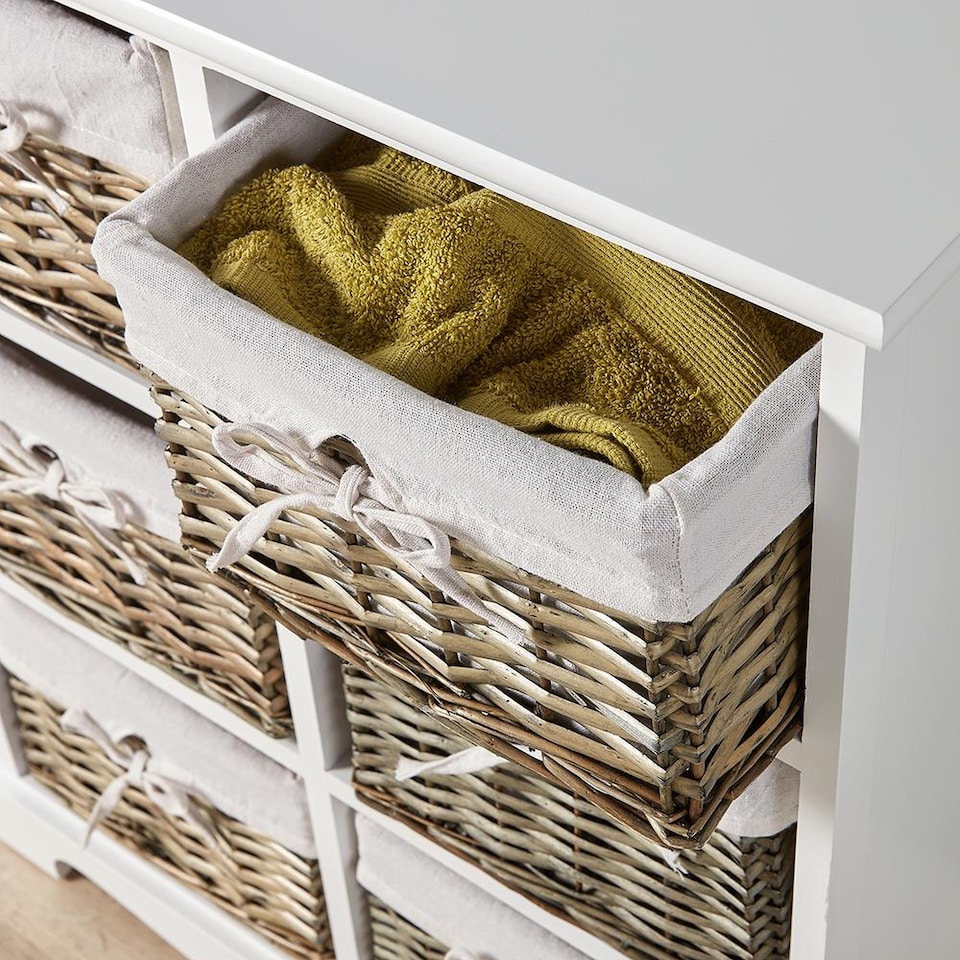 image 1 of Wooden Chest Of Drawer Storage Unit Willow Wicker Baskets Bedside Fully Assembled | White