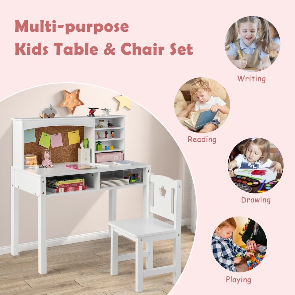 image 1 of COSTWAY Kids Desk and Chair Set Writing Table Set Wooden Children Study Table & Chair