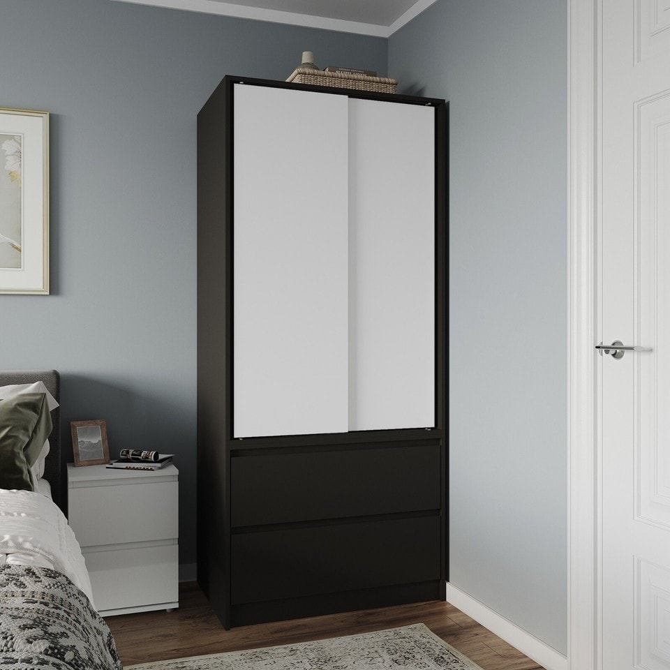 image 1 of URBNLIVING 2 Sliding Door Wardrobe With 2 Drawers And Hanging Rail | Black | White Doors | 1