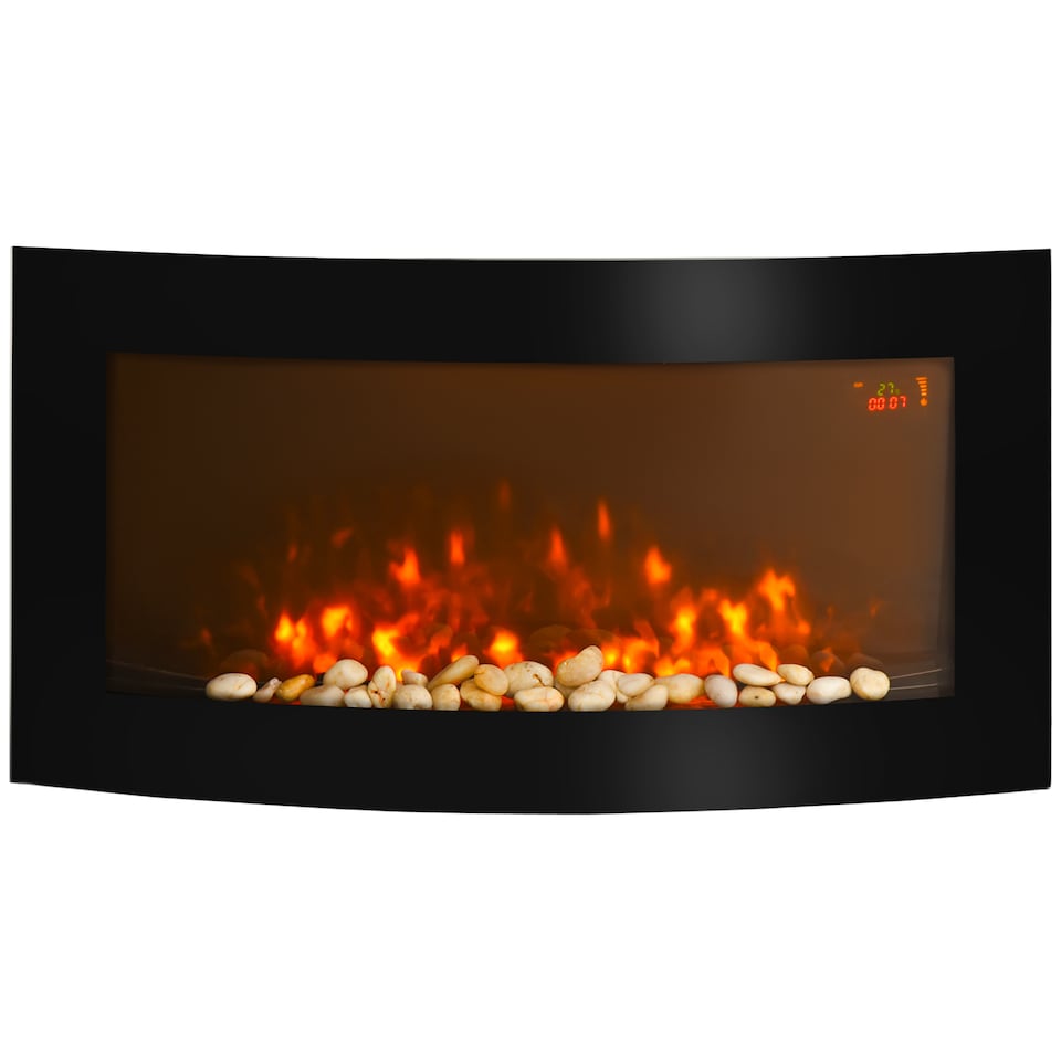 image 1 of HOMCOM Led Wall Mounted Fireplace Curved Glass Electric Fire Place Fire Place 7 Colour Side Lights Slimline, 10002000W, 89.2cm  48cm