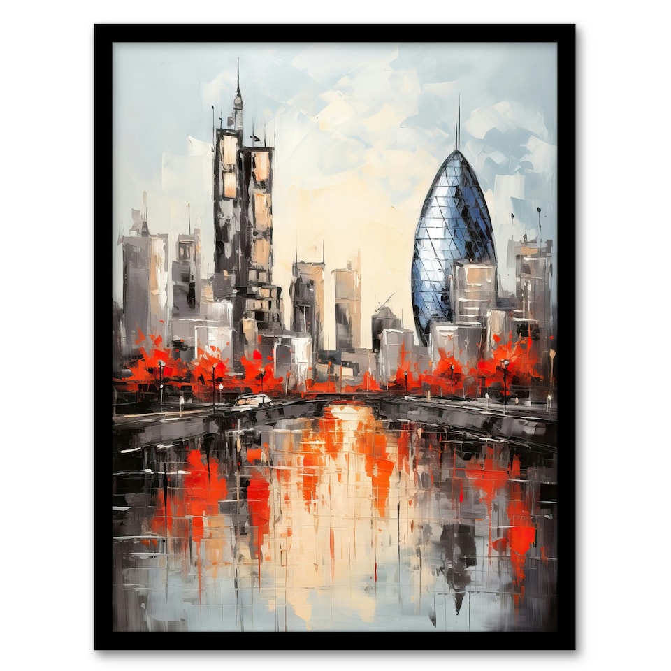 image 1 of London Cityscape Skyline Gherkin Oil Thames Black Framed Wall Art Print A4