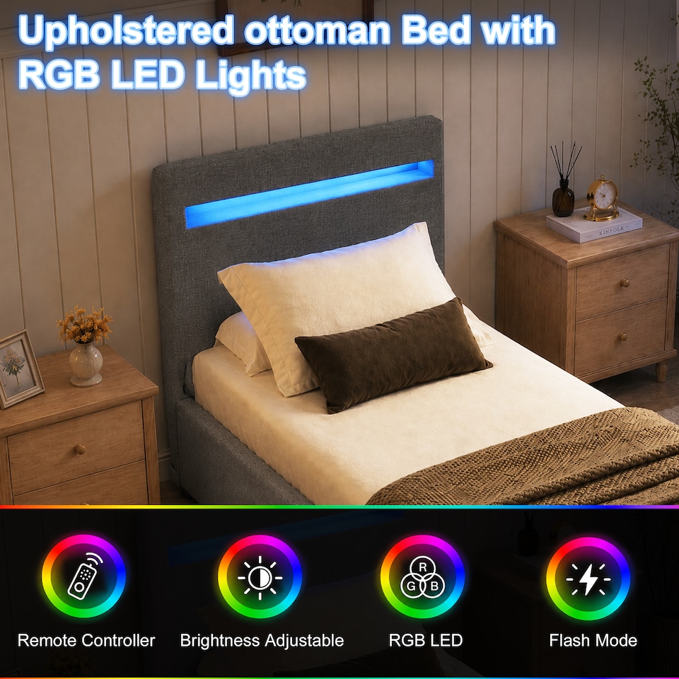 image 1 of 3ft Single Modern Gas Lift Ottoman Bed Frame with LED In Dark Grey