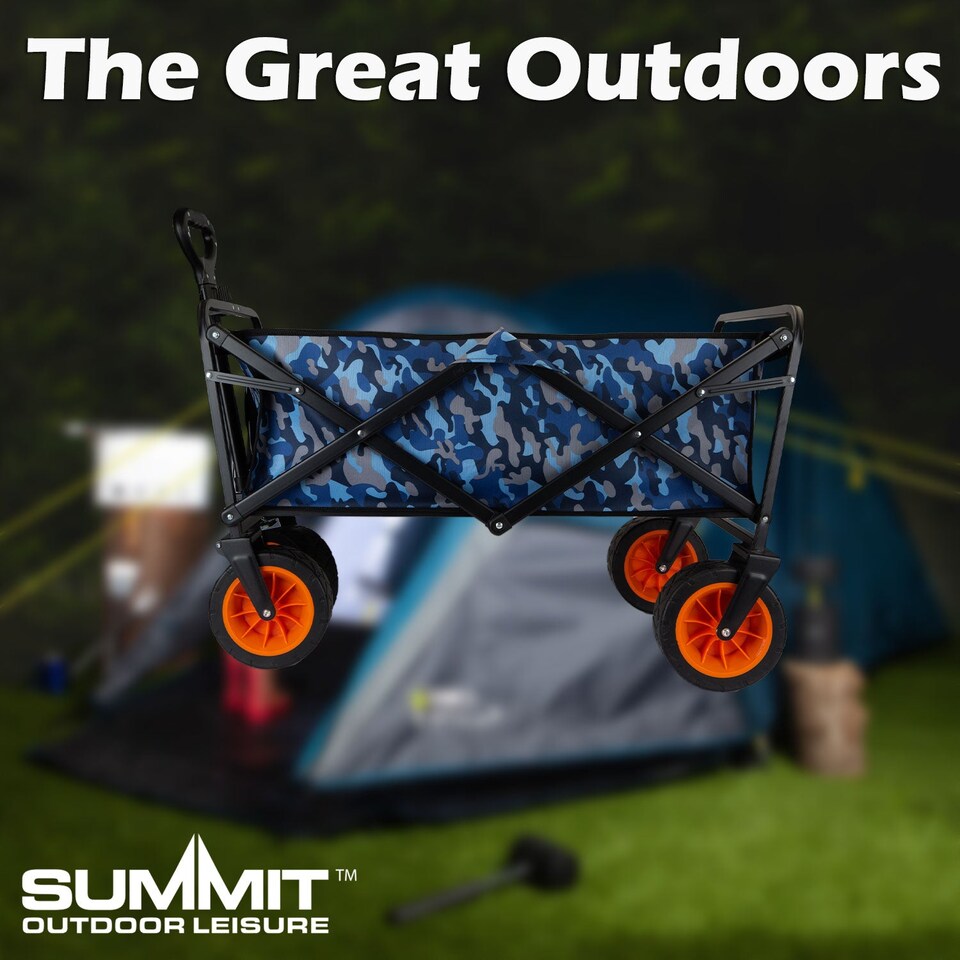 image 1 of vfm-estore Folding Trolley Cart 90kg Capacity Blue Camo, Collapsible with 2 Storage Pouches