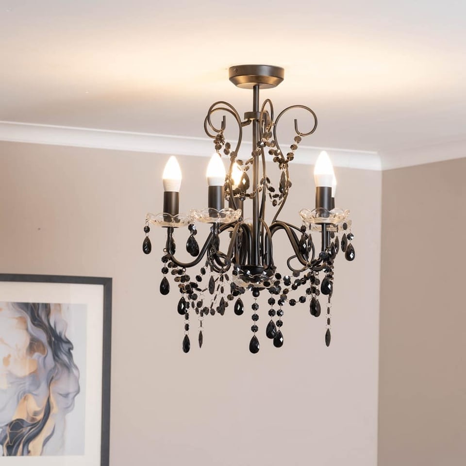 image 1 of ValueLights Viscount 5 Way Black Jewel Chandelier Ceiling Pendant Light and Bulbs