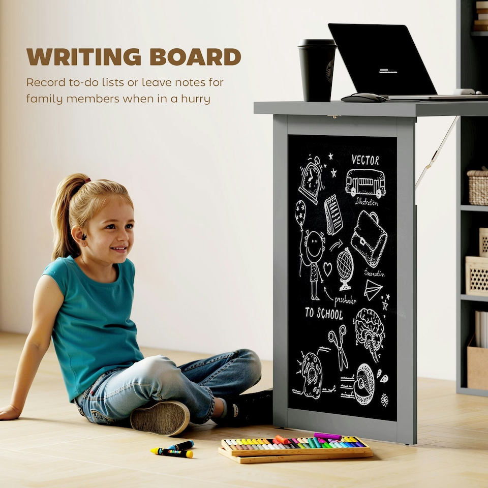 image 1 of HOMCOM Folding Convertible Desk with Blackboard and Bookshelf, Grey