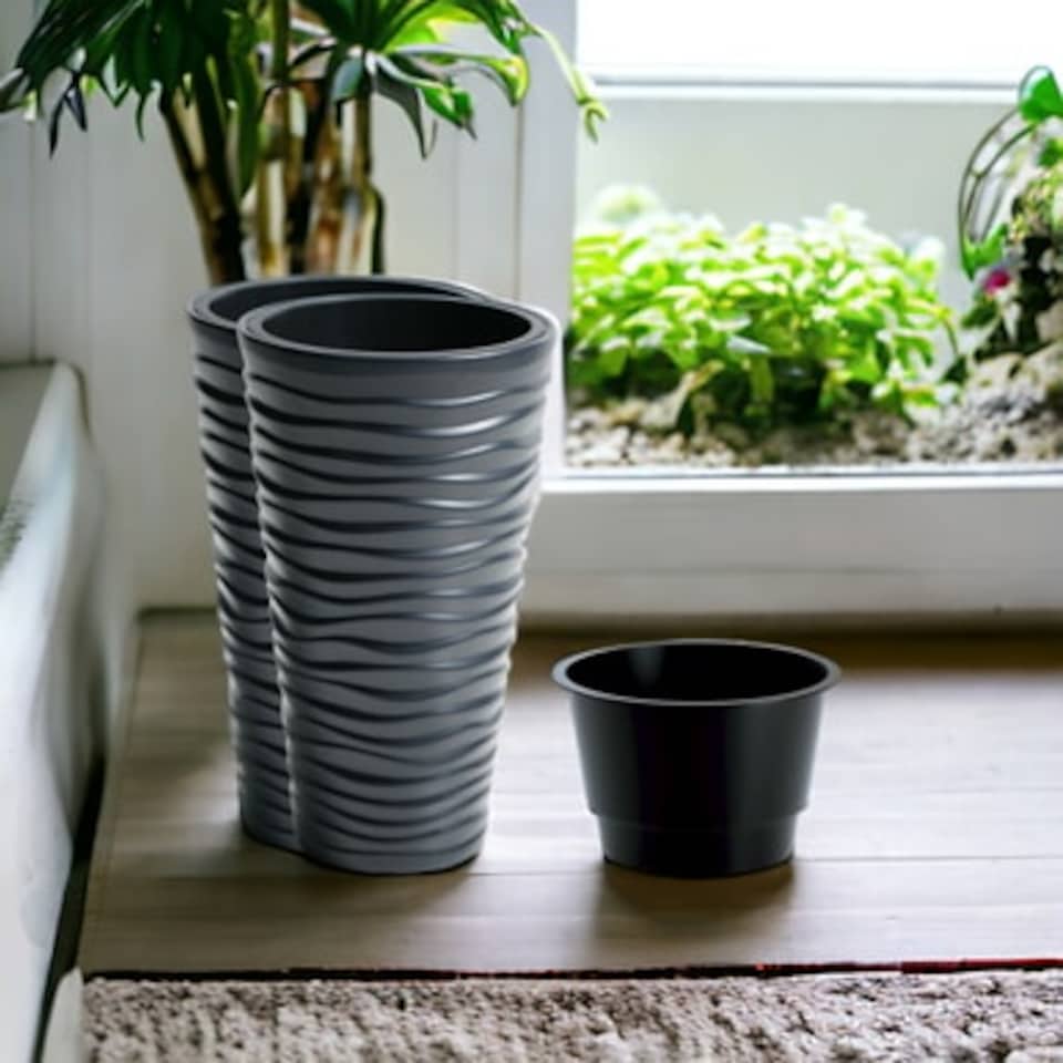 image 1 of Sand Effect Flower Plant Pot - 520x296x296 | Black | Black & Set of 2 | 2