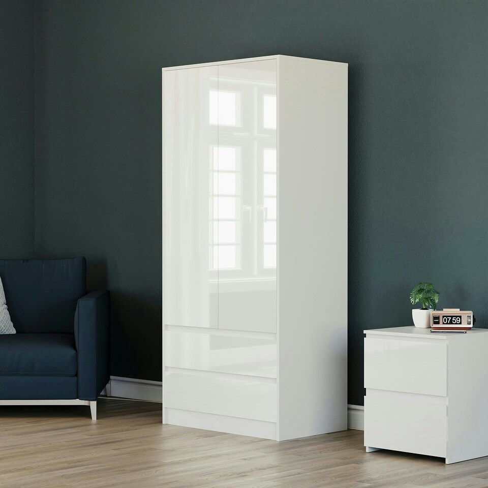 image 1 of Vida Designs Glinton 2 Door 2 Drawer Wardrobe High Gloss Doors With Shelf & Clothes Rail, 100% FSC, White