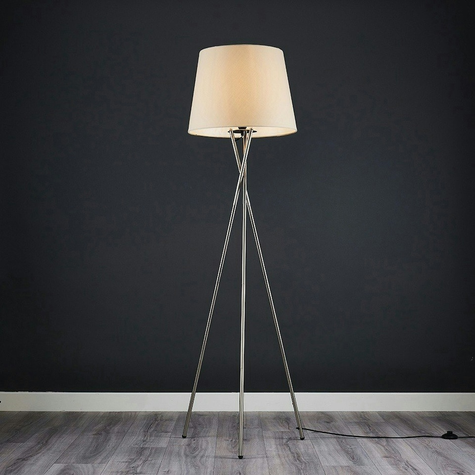 image 1 of ValueLights Camden Brushed Chrome Tripod Floor Lamp Beige Taper Shade Cream