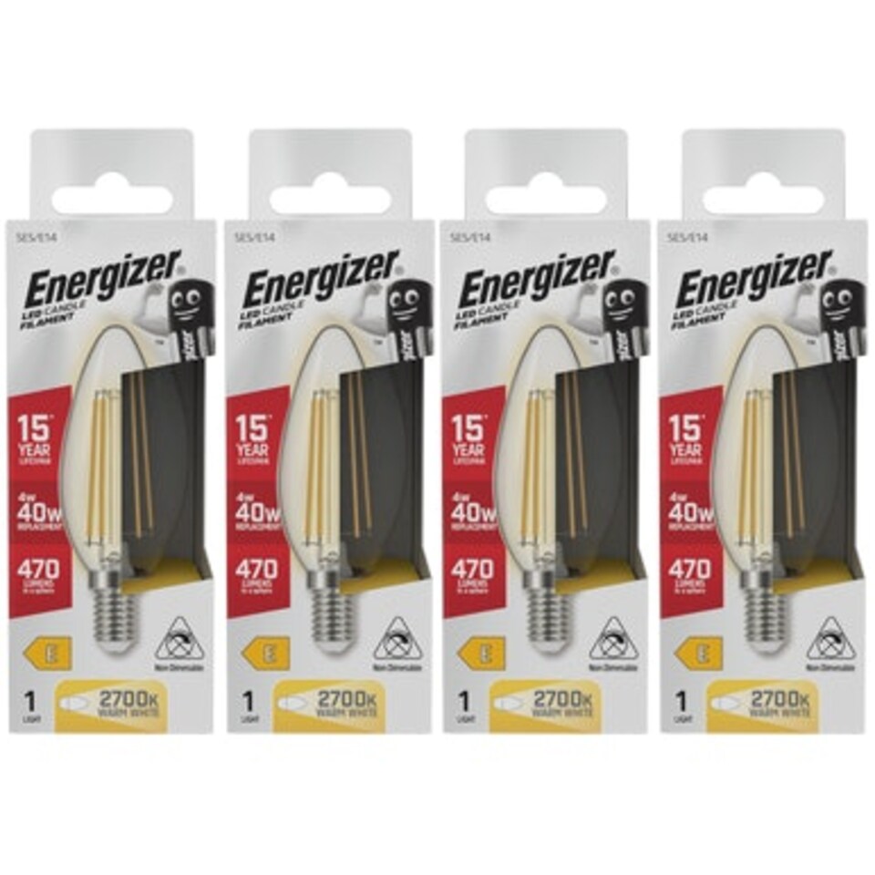 image 1 of Energizer LED Filament Candle E14 470lm 4W 2700K (Warm White) Light Bulb - Pack of 4