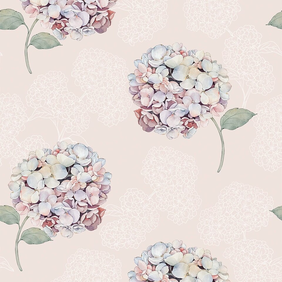 image 1 of Hydrangea Harmony Wallpaper in Soft Pink Multi