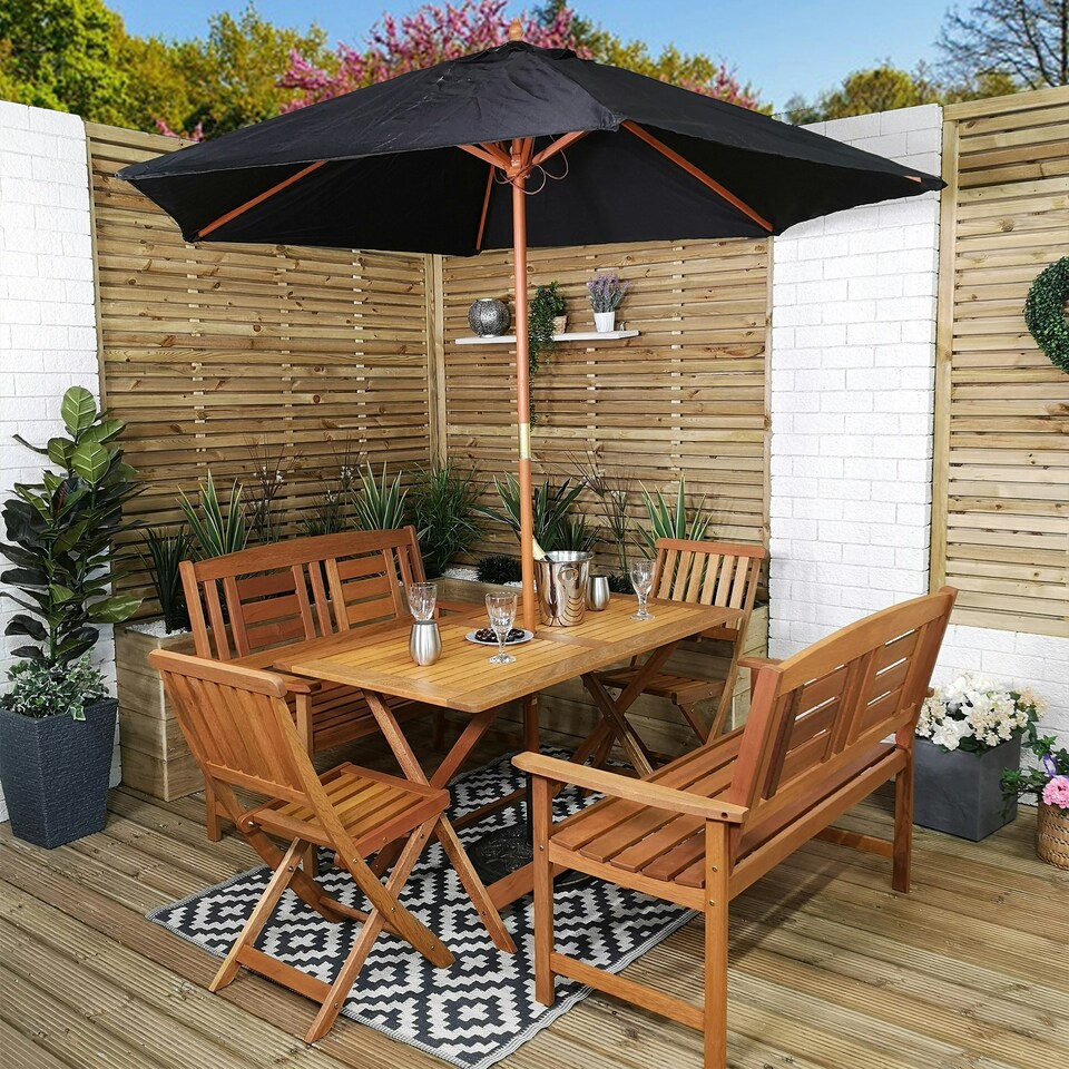 image 1 of Outdoor 6 Person Folding Rectangular Wooden Garden Patio Dining Table Chairs and 2 Benches Parasol and Base set