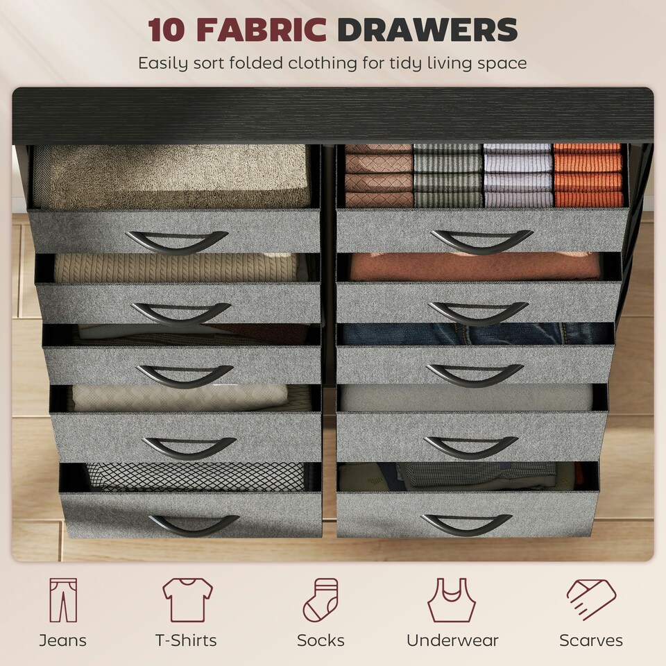 image 1 of HOMCOM Fabric Chest of Drawers, 10 Drawer Dresser for Bedroom, Charcoal Grey Grey