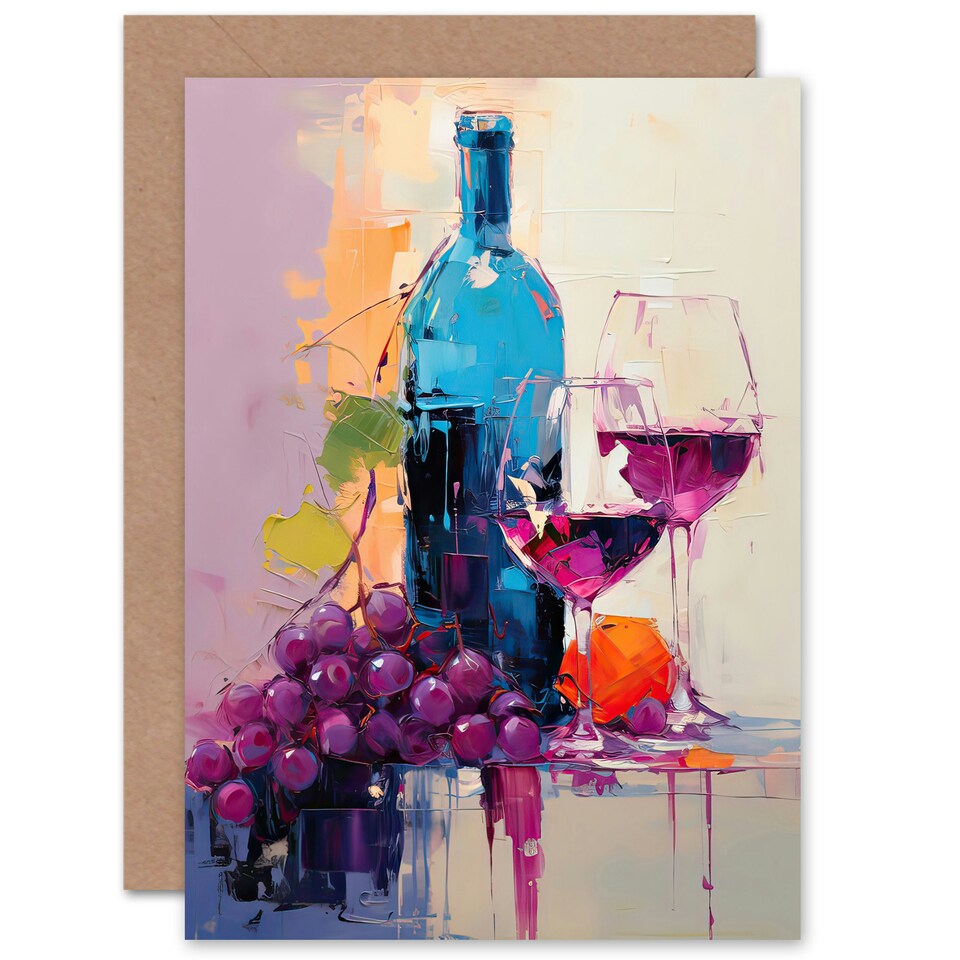image 1 of Wine Lover Bottle Glasses Fruit Grapes Modern Still Life Art Card