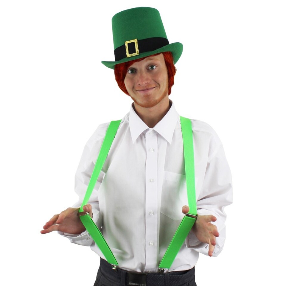 image 1 of Irish Buckle Top Hat with Short Red Wig & Green Braces | Green | 6