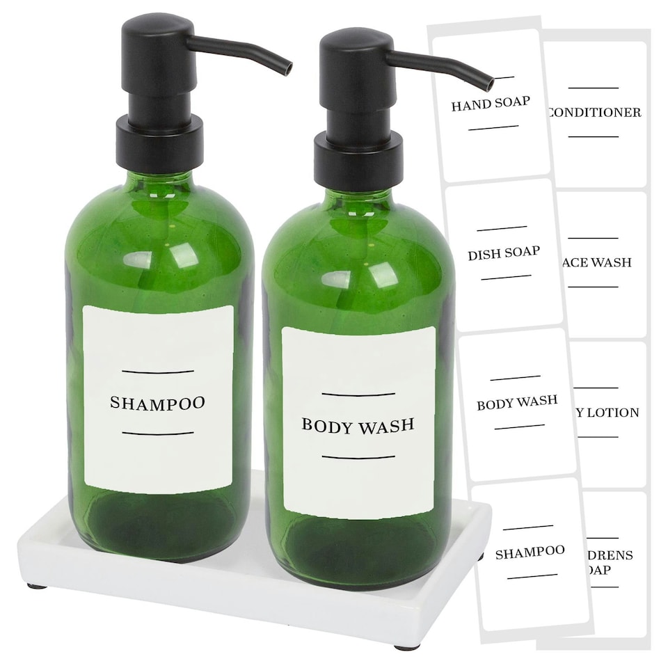 image 1 of Harbour Housewares 2pc Glass Soap Dispenser Set with Ceramic Tray & Labels - 500ml - Green/White