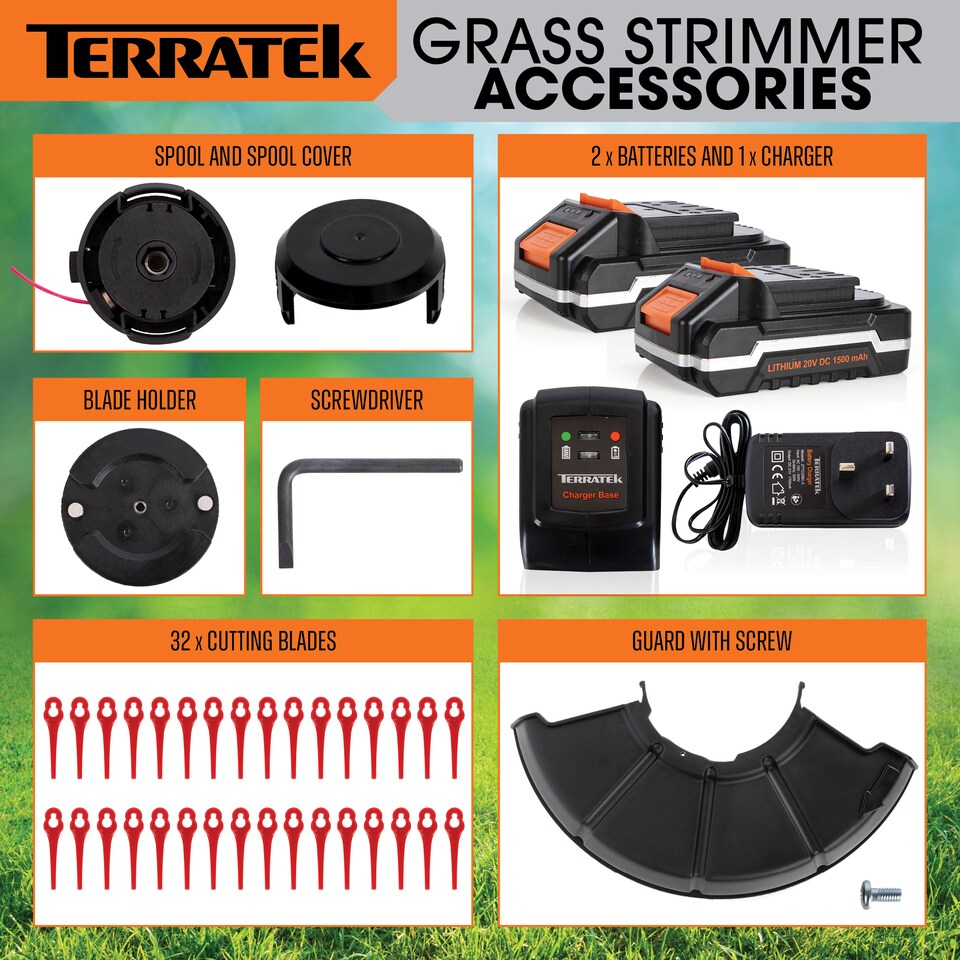 image 1 of Terratek 20V 2 in 1 Electric Cordless Grass Strimmer Garden Grass Cutter Trimmer 2 Batteries & 32 Blades & Spool Included