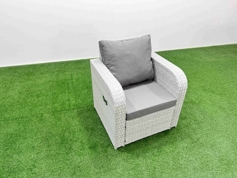 image 1 of Fimous Light Grey PE Wicker Rattan Garden Furniture Set Sofa Set Reclining Chair Love Sofa Rectangular Dining Table Big Stool Side Table