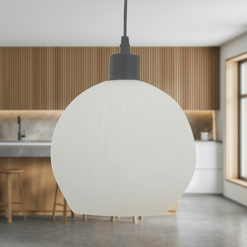 image 1 of First Choice Lighting Set of 2 Betchley White Ribbed Glass Globe with Black Pendant Fittings Black | White