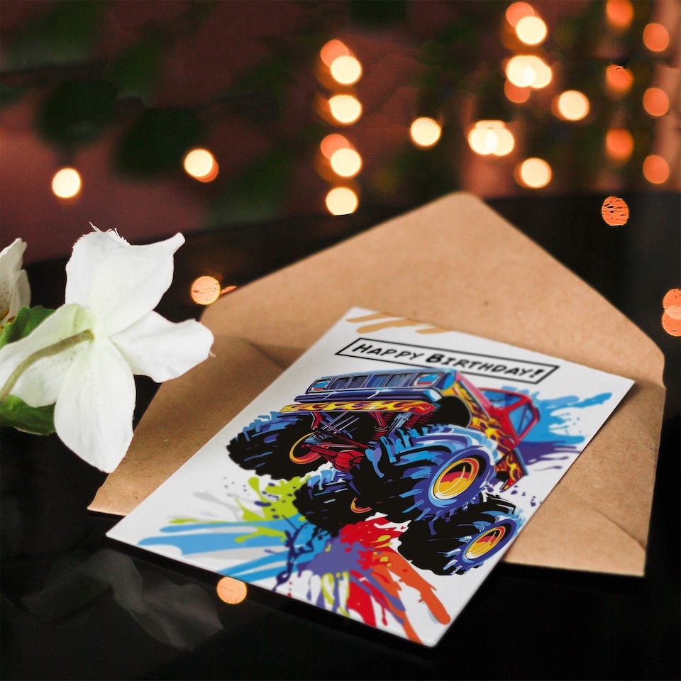 image 1 of Large Monster Truck With Flames Colourful Design Birthday Card