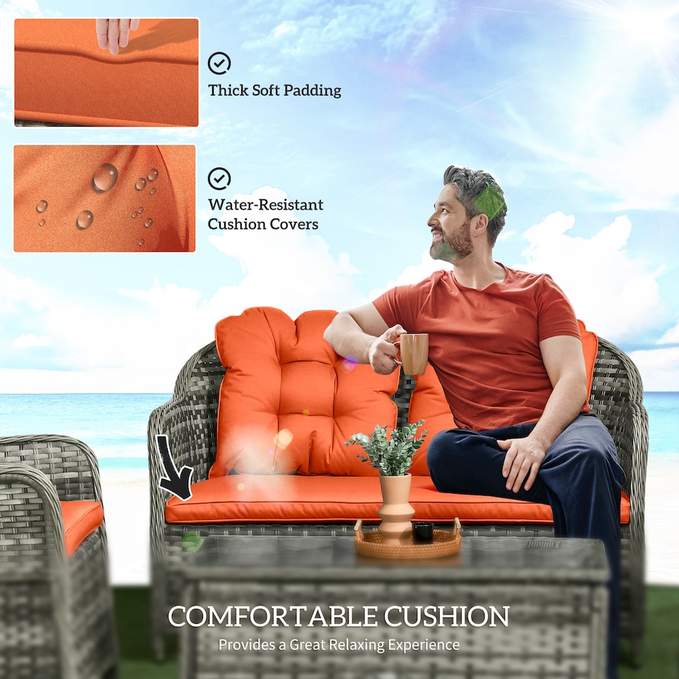 image 1 of Outsunny 4 Pieces Outdoor PE Rattan Garden Furniture with Cushions, Patio Special Hand Weave Wicker Conservatory Sofa Set with Glass Top Coffee Table, Orange | Orange | Four Seater