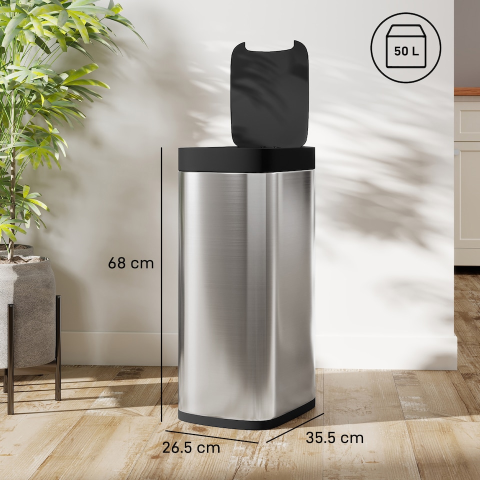 image 1 of HOMCOM 50L Sensor Bin, Touchless Kitchen Bin, Battery Operated, Silver Tone