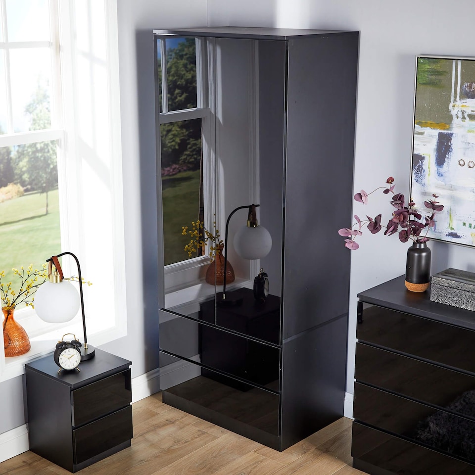 image 1 of Wardrobe 2 Door 2 Drawer Storage Cabinet Modern Home Bedroom Furniture | Black