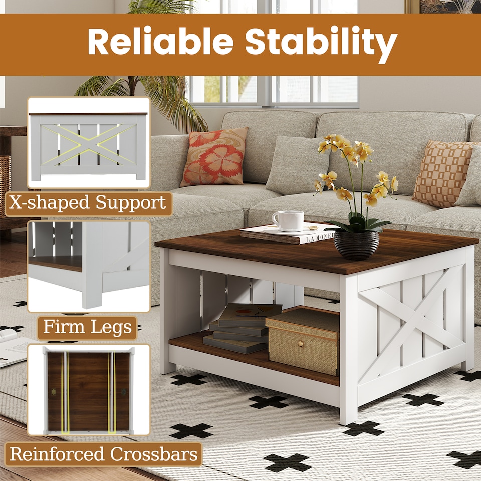 image 1 of COSTWAY Farmhouse Coffee Table Square Coffee Table White