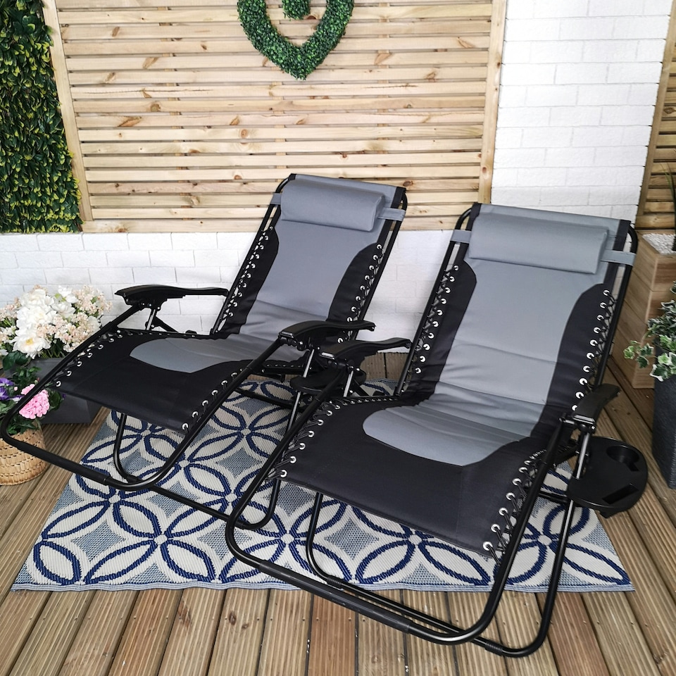 image 1 of Set of 2 Luxury Padded Multi Position Zero Gravity Garden Relaxer Chair Lounger in Grey & Black