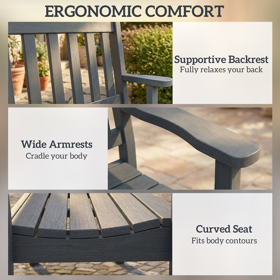 image 1 of Outsunny 2 Seater Plastic Garden Bench, Outdoor Patio Furniture, Grey | Grey | Grey wood effect | Not provided
