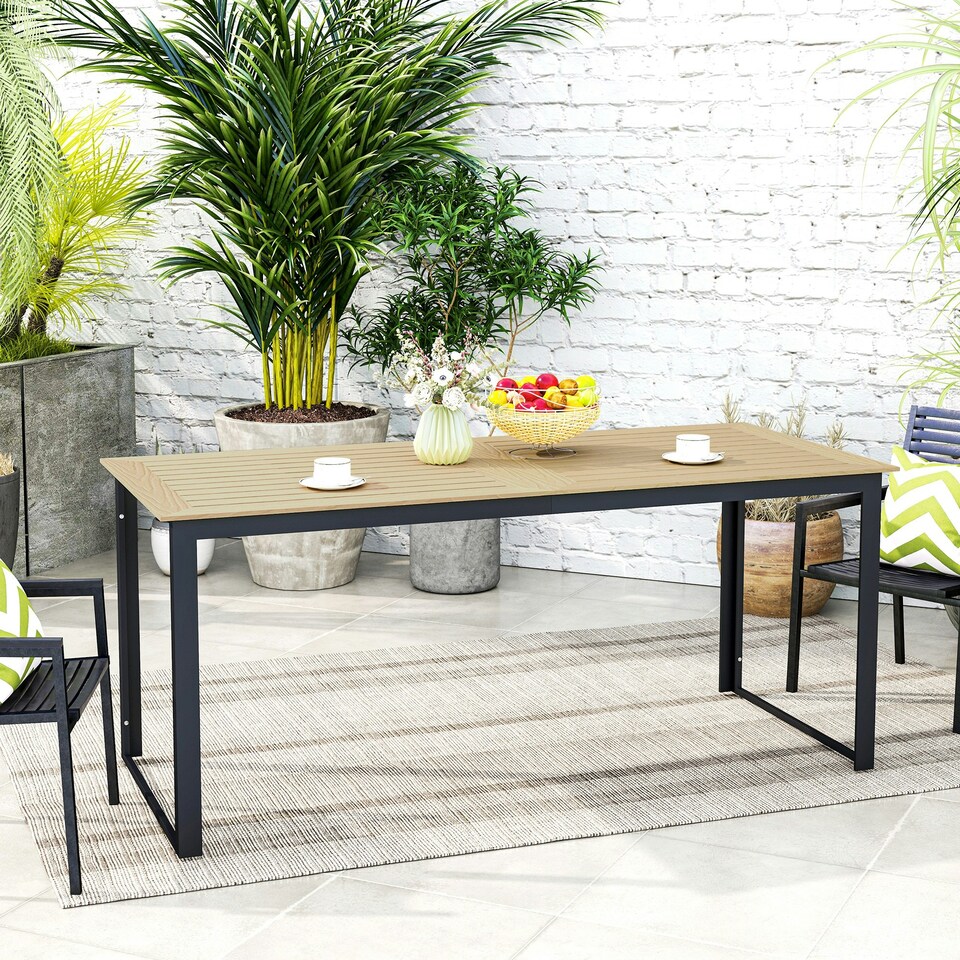 image 1 of Outsunny Garden Dining Table for 6 People with Slatted Table Top Metal Brown | Teak