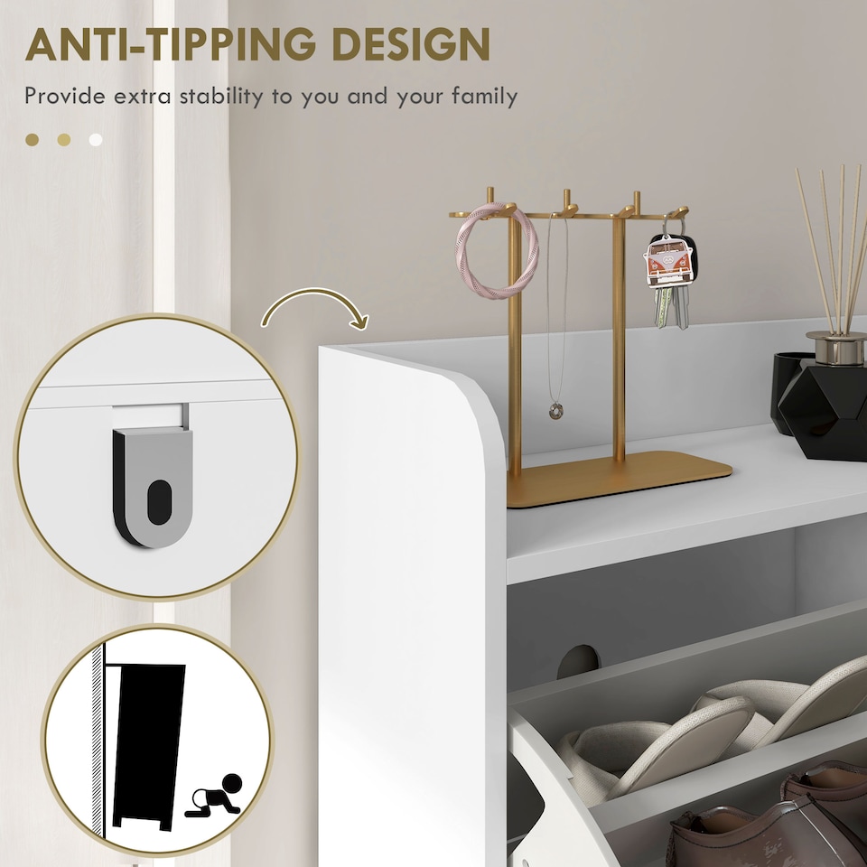 image 1 of HOMCOM Narrow Shoe Cabinet with 4 Flip Drawers, Slim Shoe Storage Cabinet with Adjustable Shelves, Hairpin Legs and 4 Vents for 16 Pairs of Shoes for Entryway, White