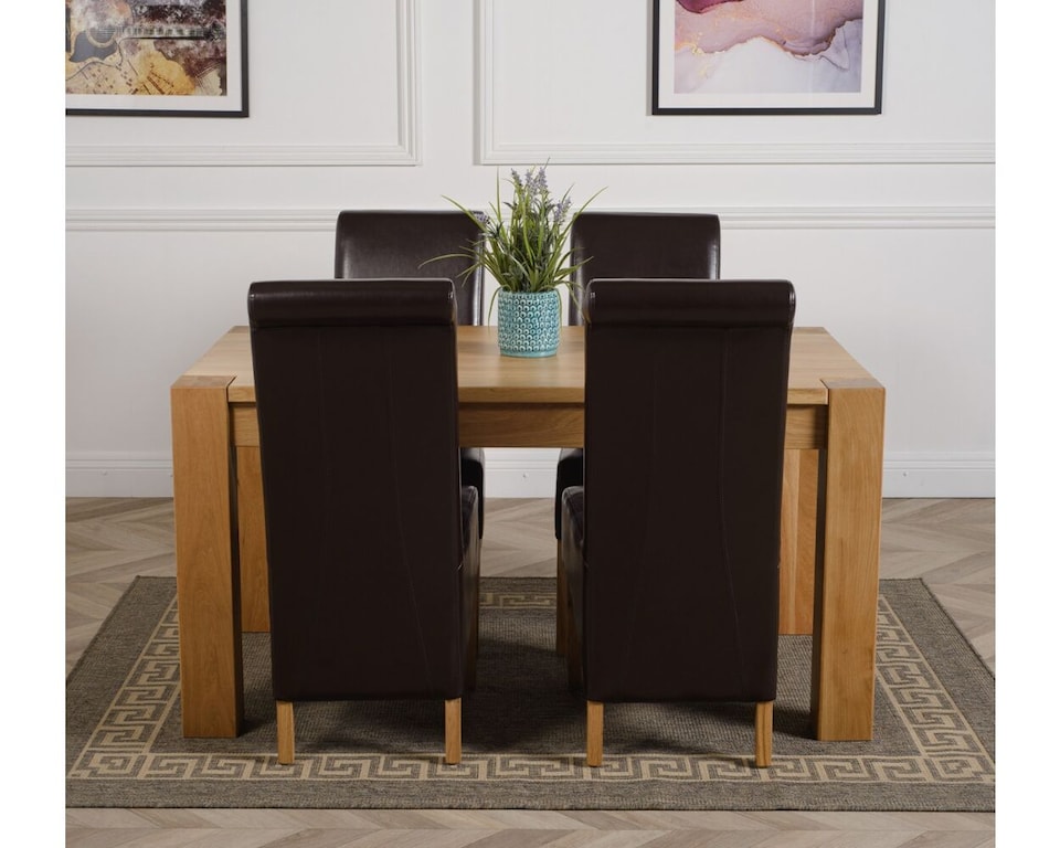 image 1 of Kuba 150 x 85cm Chunky Medium Oak Dining Table and 4 Montana Leather Chairs | Brown | Brown