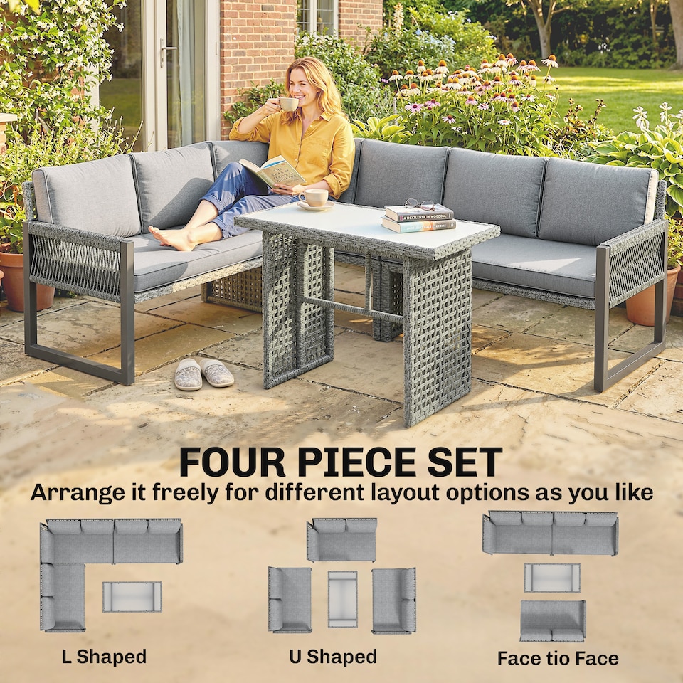 image 1 of Outsunny 4 Piece Rattan Garden Furniture Set with 3 Loveseats, Table, Grey | Grey | Light grey | 225 x 172 x 72 cm