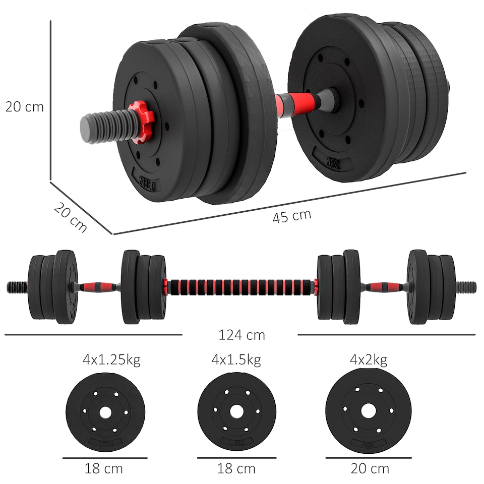 image 1 of HOMCOM 20kg Adjustable 2 IN 1 Barbell Dumbbells Weight Set for Body Fitness | Black | Black | Standard