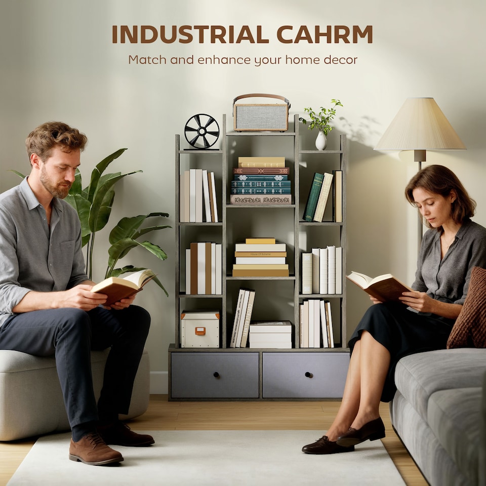 image 1 of HOMCOM Tree Bookshelf, 12-Tier Floor Standing Bookcase with 2 Foldable Drawers, Freestanding Book Shelf Storage Display Shelving Unit for Living Room, Home Office, Bedroom, Graphite Wood Effect