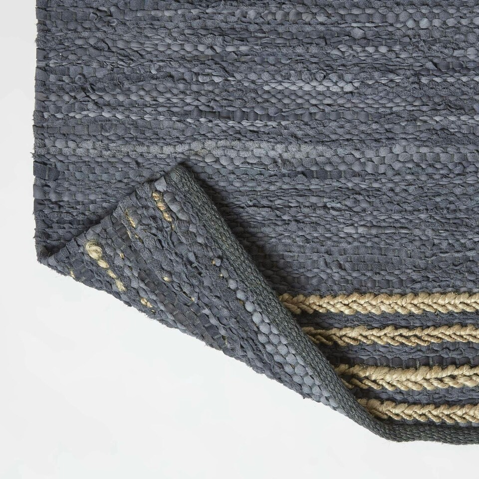 image 1 of Homescapes Recycled Leather Handwoven Stripe Rug | Grey | Grey