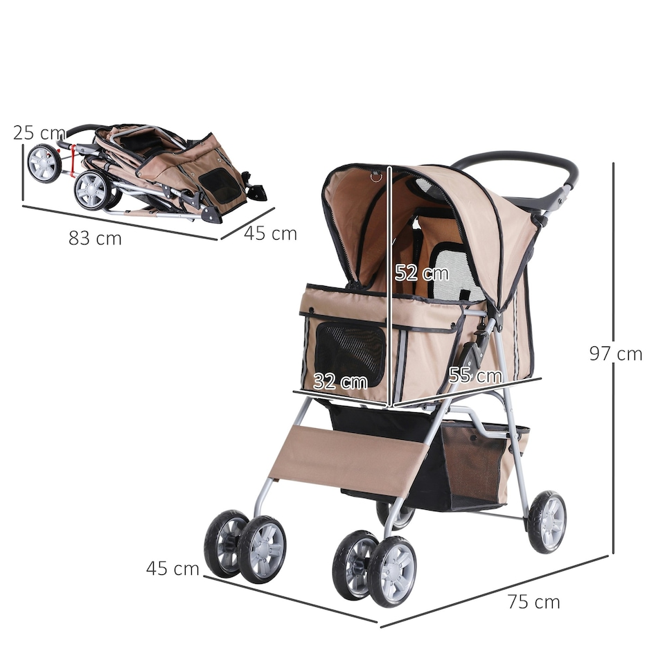 image 1 of PawHut Pet Stroller Carrier Foldable Deluxe Jogger Walk Travel Dog Cat Brown