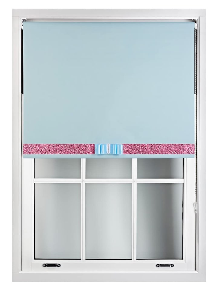 image 1 of FURNISHED Blackout Roller Blind with Pink Glitter Trim and Duck Egg Bow Trimmable Window Shade | Blue | Duck Egg Blue | (W) 100cm x (L) 210cm