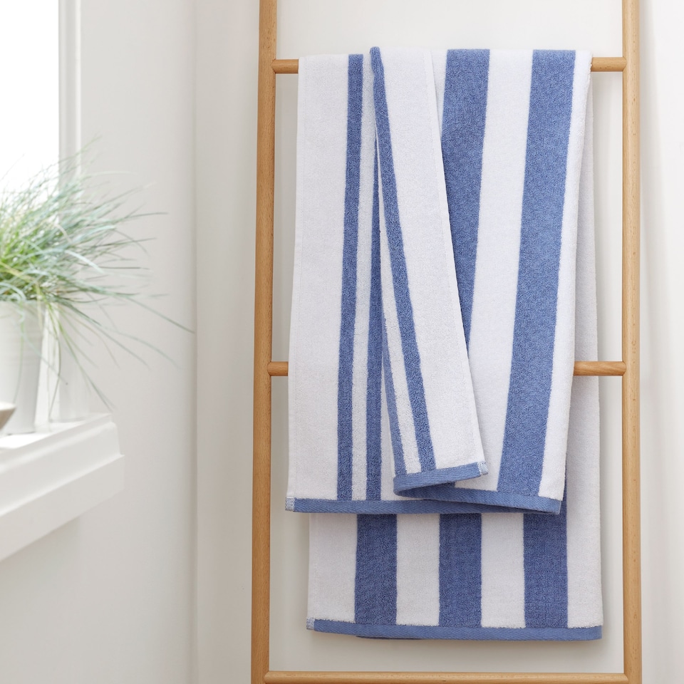 image 1 of Bianca Reversible Stripe Cotton Jacquard Bath Sheet | Blue | Bath sheet