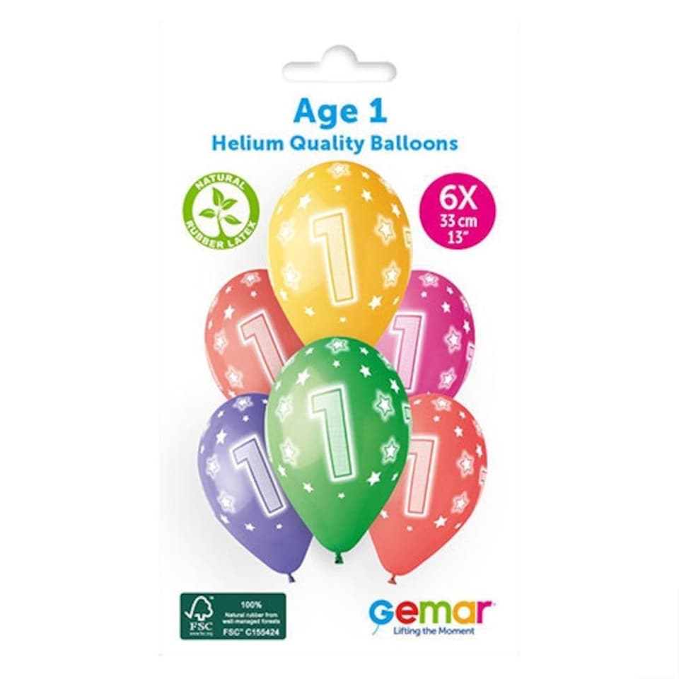 image 1 of Assorted Colour Cosmic Stars Age 1 Latex Balloons 33cm / 13 in - Pack of 6