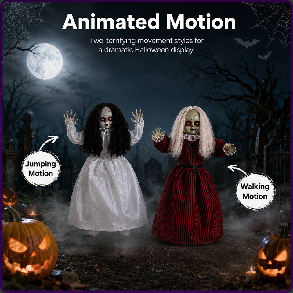 image 1 of Adult Halloween Animated Jumping & Walking Dolls Spooky Party Decoration Prop Pair Set of 2