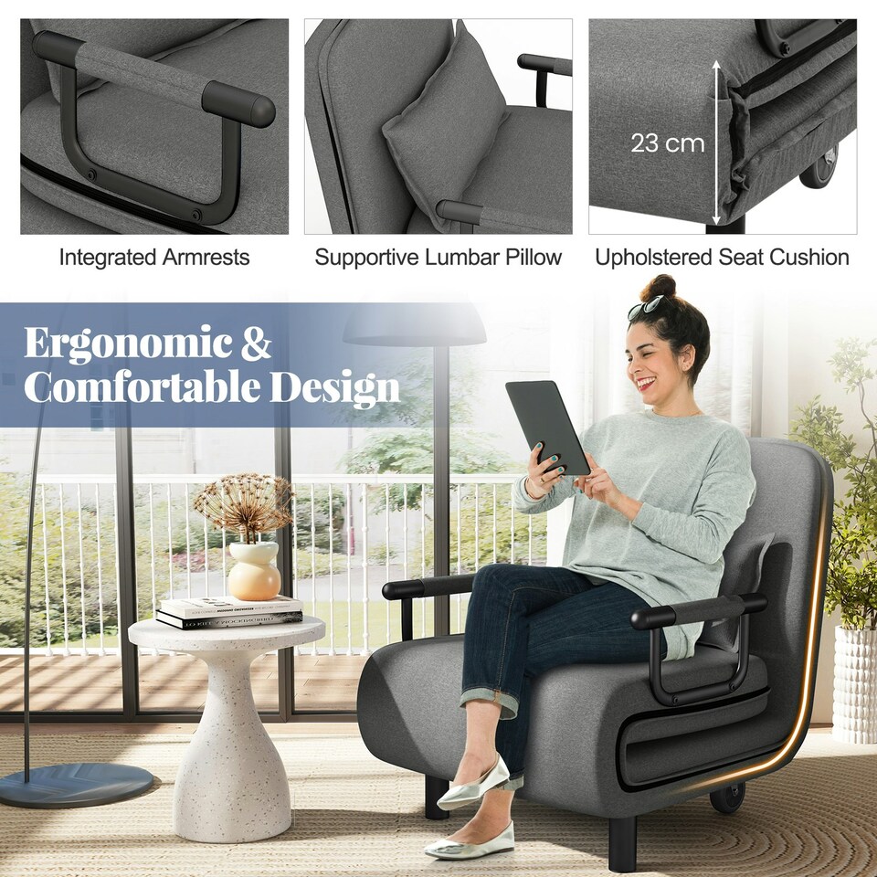 image 1 of COSTWAY 3-in-1 Convertible Sofa Bed Sleeper Chair Dark Grey Grey