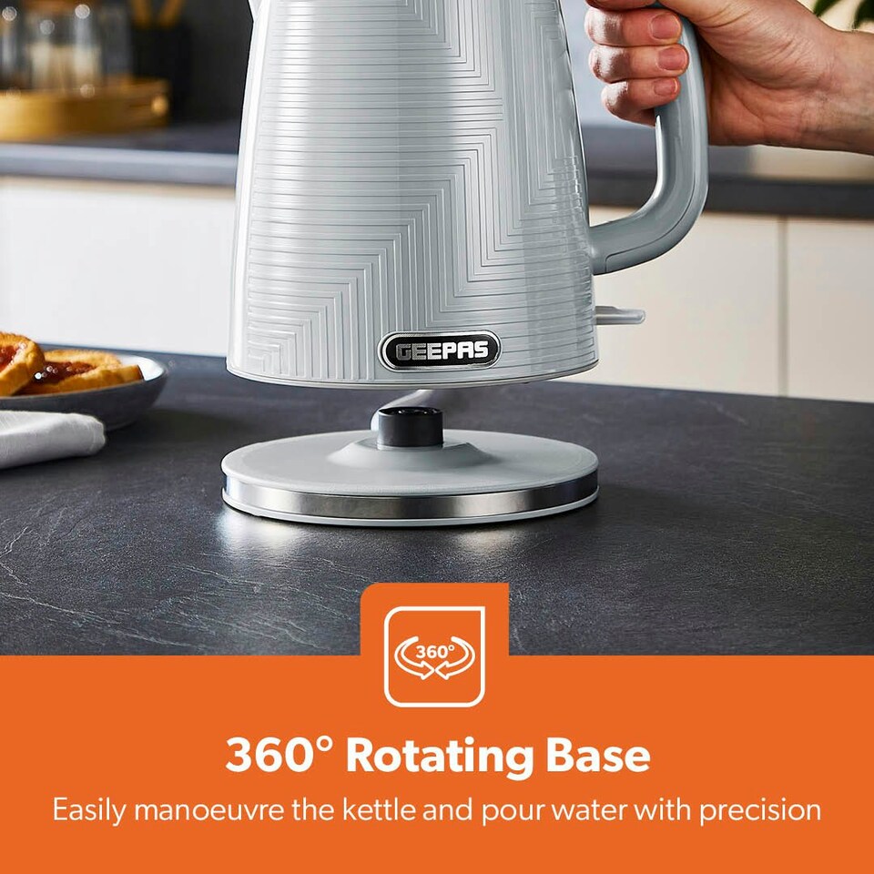 image 1 of GEEPAS 1.7L Cordless Electric Kettle 3000W Textured Premium Kettle with 360° Rotational Base | Concealed Heating , Cord Storage & LED Indicator - Grey