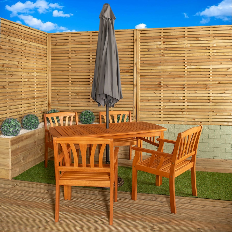 image 1 of Outdoor 4 Person Rectangular Wooden Dining Table Chairs with Grey Havana Parasol & Base Set