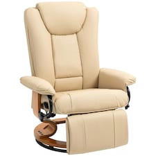 HOMCOM PU Leather Reclining Armchair with Footrest for Living Room, Beige Cream | Yellow Wood Tone Base