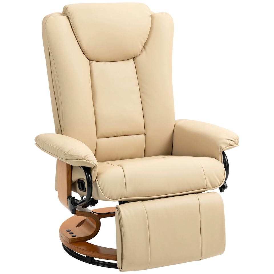 image 1 of HOMCOM PU Leather Reclining Armchair with Footrest for Living Room, Beige Cream | Yellow Wood Tone Base