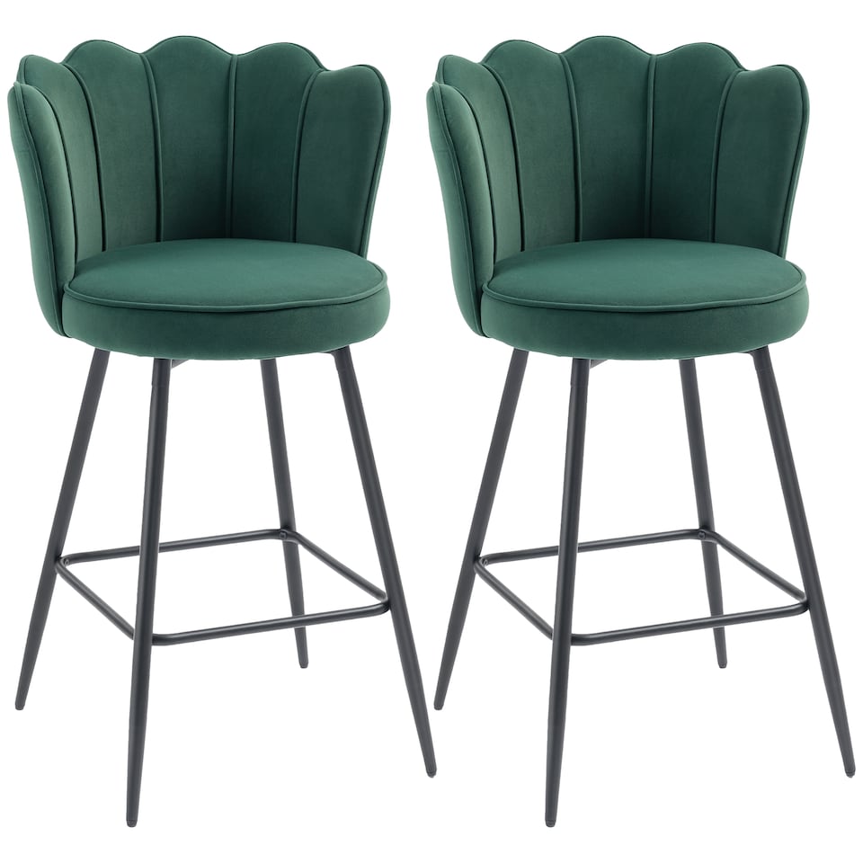 image 1 of HOMCOM Bar Stools Set of 2, Modern Velvet-Feel Barstools with Petal Backrest and Footrest, Upholstered Breakfast Bar Chairs with Metal Legs for Kitchen Island Counter, Dining Room, Dark Green