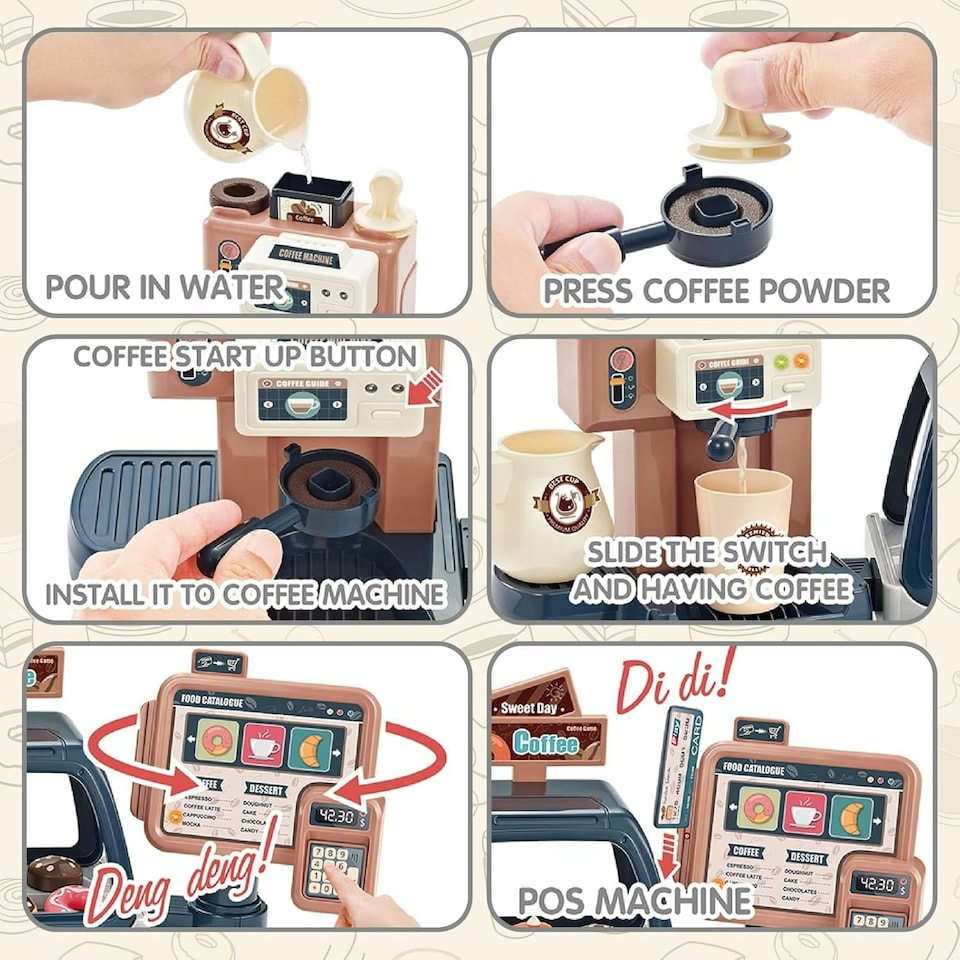 image 1 of Pretend Kitchen Coffee Playset with Cash Register, Coffee Maker & Accessories - Toddler Role Play Toy for Kids 3 plus