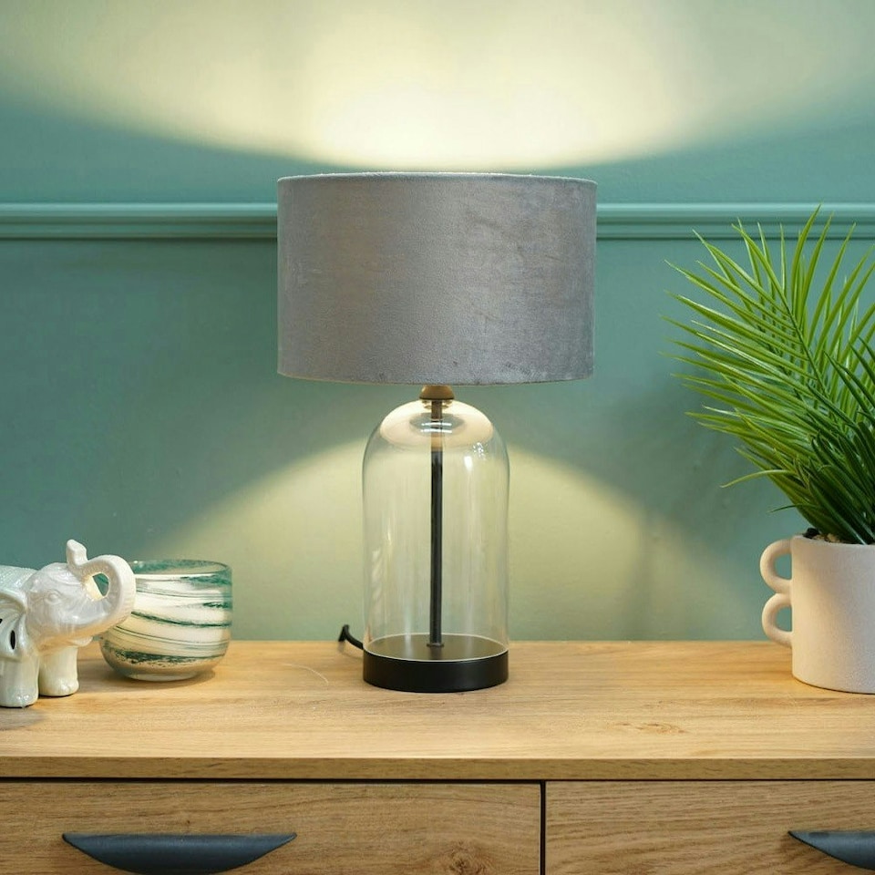 image 1 of ValueLights Jessy Glass and Black Metal Bedside Table Lamp with a Grey Velvet Lampshade